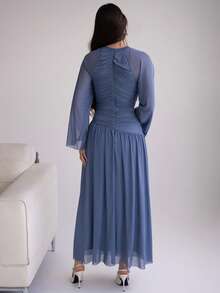 Andrea Bello 女式加长春夏网眼针织荷叶边下摆开叉优雅迷人时尚连衣裙 - 霧霾藍 - 查看 2