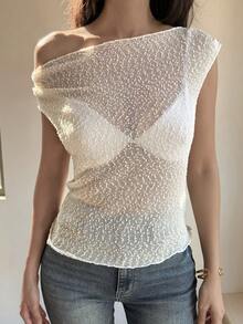 Livesso Women's Hollow Textured Knit Lace Blouse, Off Shoulder Casual Vacation Street Style Crochet Beach Vacation White Short Sleeve T-Shirt Top, Spring/Summer - Beige - View 4