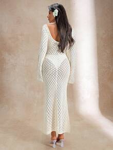 3d Flower Pattern Hollow Out Cover Up Beachwear Dress - Apricot - View 5