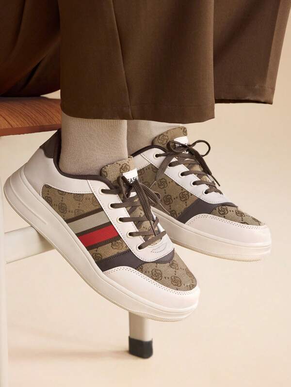 CUCCOO EASI Men's Fashion Contrast Color Letter Pattern Lace-Up Front Flat Design Casual Sneakers, Versatile Outdoor Comfortable Low-Top Sports/Training Shoes