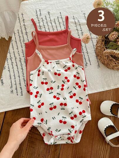 SHEIN 3pcs Baby Girl Summer Cute Knitted Cherry Cartoon Print Short Sleeve Romper Set