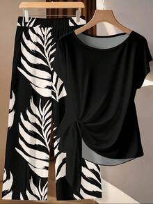 EMERY ROSE Women's Leaf Print Tie Bow Blouse And Straight Leg Loose Pants 2 Pieces Set Spring - Multicolor - View 1