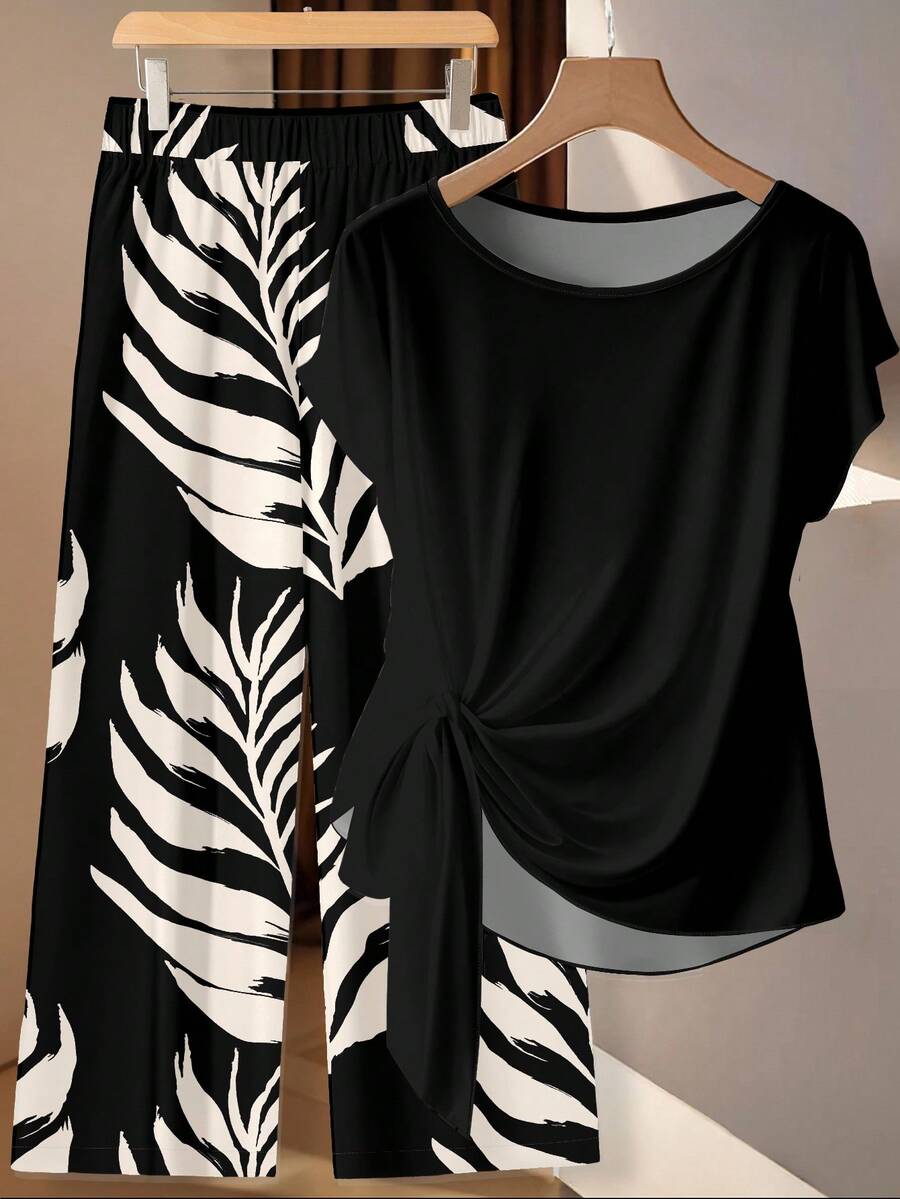 EMERY ROSE Women's Leaf Print Tie Bow Blouse And Straight Leg Loose Pants 2 Pieces Set Spring - Multicolor - View 1