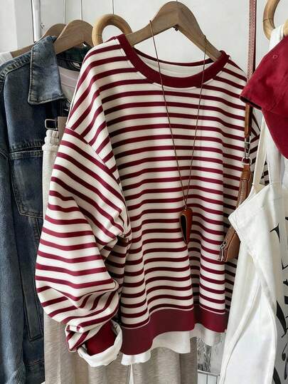 Resyla Women's Casual Striped Pullover Sweatshirt, Fashionable And Versatile Design, Suitable For Outdoor, Street Photography, Back To School, Teacher's Day, Regular Crew Neck Sweatshirt