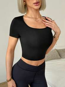 Slayform Women's Backless Mesh Yoga Fitness Crop Top, Sexy Minimalist Design - Black - View 3