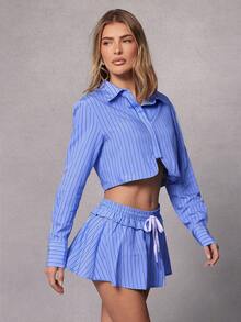 Hauture Women's Drawstring Waist Striped Patchwork Ruffle Hem Casual Midi Skirt - Multicolor - View 4