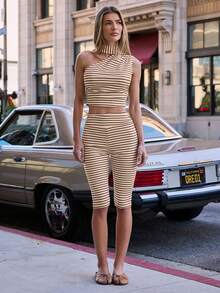 Hauture 女士简约优雅针织条纹褶皱腰部日常外出七分裤 - 杏色 - 查看 4