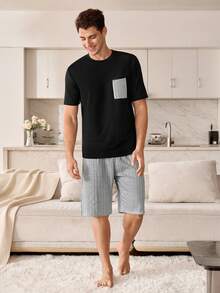 CoupledUp Set Piyama Pria Kasual Motif Patchwork Warna Kontras Kaos Leher Bulat dan Celana Pendek Bergaris - Hitam - View 5