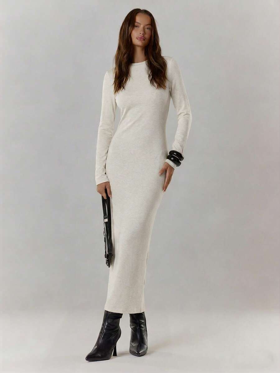 MUSERA 罗纹长袖圆领修身长款连衣裙，街头风可爱优雅休闲性感外出太妃糖色长裙，夏季新娘单身派对婚礼礼服 - 奶油色 - 查看 1