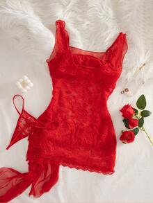 2件套网纱撞色蕾丝性感蝴蝶结内衣套装 - 紅色 - 查看 6