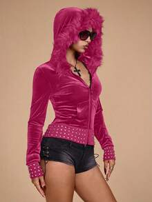 ROMWE Grunge Punk SpringValentine's DayY2K Style Velvet Zip-Up Sweatshirt With Rhinestone Decor, Fitted For Women - Pink - View 2