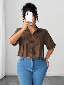 Elenzga 女士褶裥蝴蝶结前短款优雅衬衫 - 咖啡棕 - 查看 3