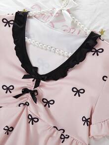 女童睡衣，粉色蝴蝶结优雅设计，柔软舒适的牛奶丝面料，黑色长裤两件套睡衣套装 - 彩色 - 查看 8