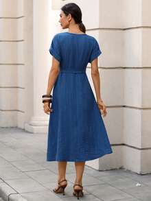 Editum Women's Regular Apricot V-Neck Tie-Up Linen Dress  Spring/Summer Beach Spring Summer Outfits Hides Belly - Blue - View 3