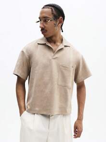 SUMWON Essentials Cropped Boxy Fit Suede Polo Shirt With Chest Pocket Short Sleeve Collared Top Summer Casual Menswear - Apricot - View 1