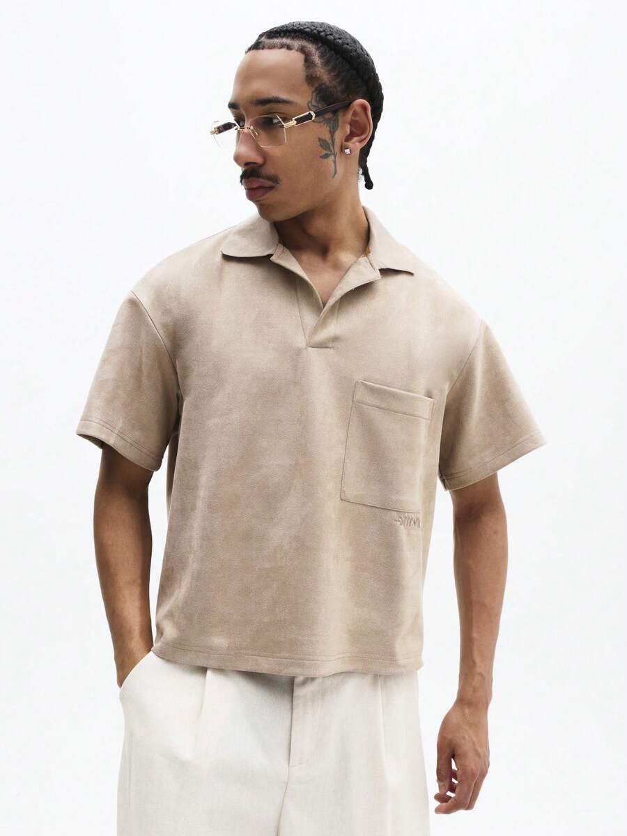 SUMWON Essentials Cropped Boxy Fit Suede Polo Shirt With Chest Pocket Short Sleeve Collared Top Summer Casual Menswear - Apricot - View 1