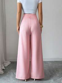 Elenzga 新款女士高腰编织纹理优雅A字阔腿裤，百搭年轻女士长裤 - 粉色 - 查看 2