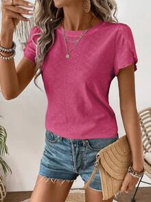 SHEIN LUNE Women's Hollow-Out Casual Round Neck Petal Short Sleeve Casual T-Shirt - Hot Pink - View 3