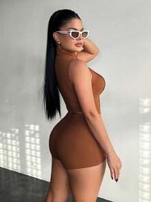 SHEIN SXY 女士休闲运动拉链紧身短裤套装 - 棕色 - 查看 2