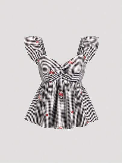 Sweetra Damen neue romantische, süße Bluse mit floraler Stickerei und Gingham-Stoff, Kurzarm, geeignet für Urlaub, Pendeln, Frühling, Sommer, Herbst, Petite