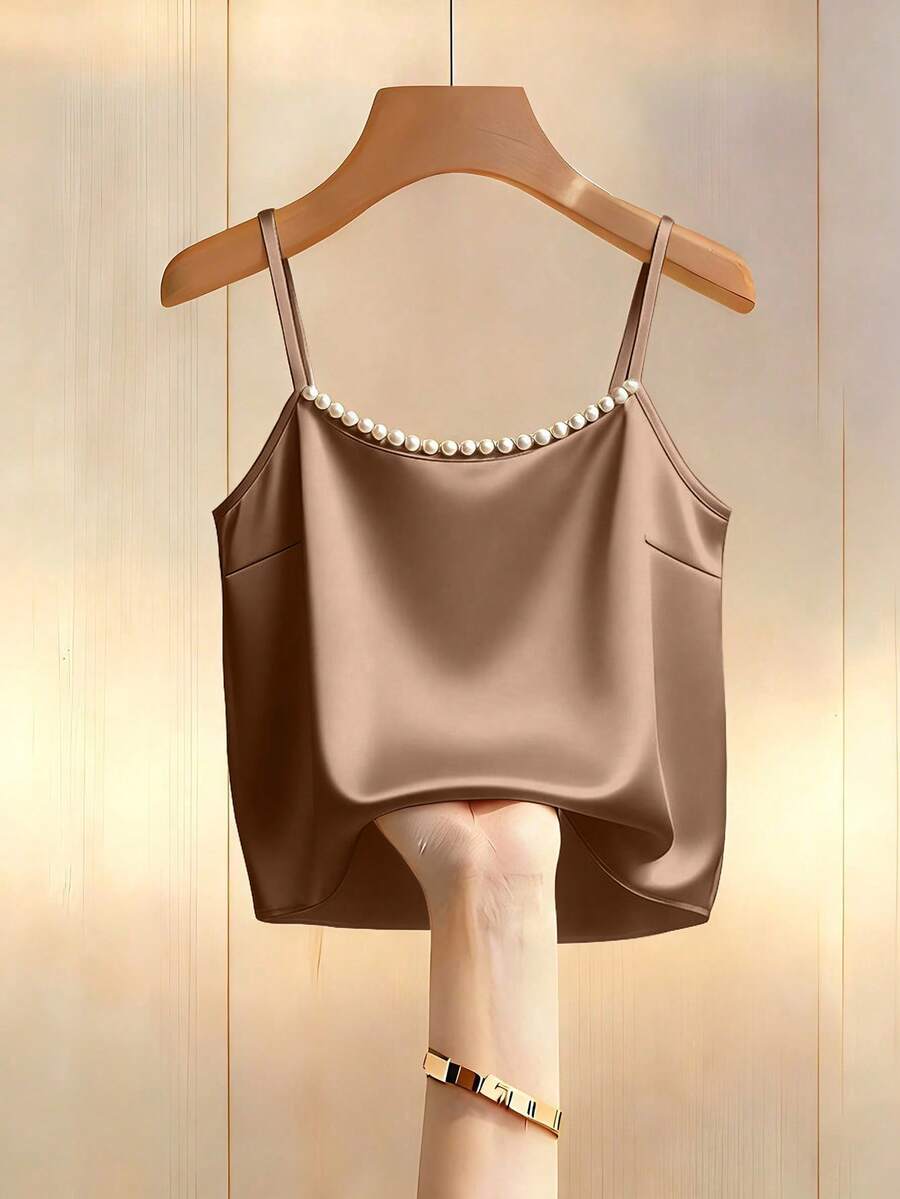 Franclia Tank Top Camisole Bertali Tipis Modis Model Baru, Gaya Musim Semi/Panas Terbaru, Bisa Dipakai Sendiri Atau Sebagai Lapisan, Dekorasi Satin dengan Manik-manik, Untuk Wanita - Coklat - View 1