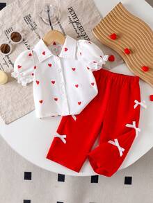 2pcs Baby Girls Casual Outfit: White Puff Sleeve Shirt With Red Heart Print, And Red Straight Leg Pants, Fashion Set - White - View 5