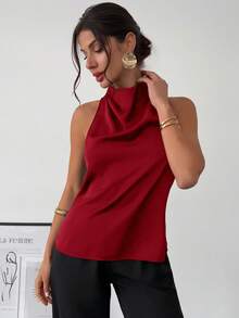 New Spring/Summer Elegant Simple Daily Commuter Vintage Modern Asymmetrical Neckline Sleeveless Halter Backless Bow Decor Body-Con Black Shirt For Work Red - Burgundy - View 7