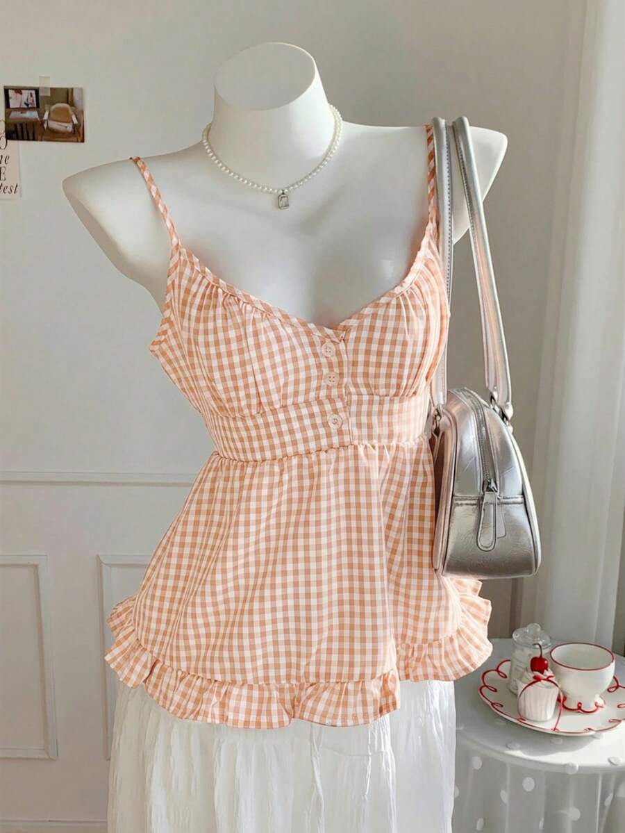 SHEIN EZwear 女士宽松休闲橙色格子荷叶边吊带背心,春夏款 - 橘色 - 查看 1