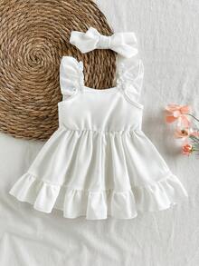 SHEIN Vintaside Kids Bộ 2 váy cho bé gái sơ sinh màu hồng họa tiết dâu tây kẻ caro kèm băng đô nơ xinh xắn, 0-3 tháng tuổi, mềm mại, co giãn, thân thiện với da, viền bèo nhún, thích hợp cho dã ngoại, kỳ nghỉ, chụp ảnh, hàng mới về mùa xuân/hè. - trắng - Xem 2