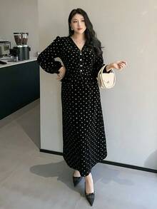 Dazy Plus 大码女装两件套：V领纹理短款外套和修身长裙，优雅时尚，适合春秋季穿着 - 黑色 - 查看 5