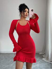 Rafferiza Women's Halter Tie-Up Backless Knitted Dress And Ruffle Cuff Knitted Cardigan Fashion Party Outfit