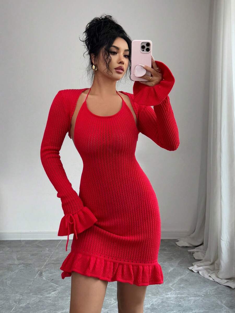 Rafferiza Women's Halter Tie-Up Backless Knitted Dress And Ruffle Cuff Knitted Cardigan Fashion Party Outfit