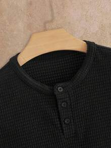 Mainfolk Men's Black Henley Shirt,Summer Casual Holiday Textured Solid Color Button Half Placket Short Sleeve T-Shirt Simple Fashion Commuting Western Style - Black - View 5