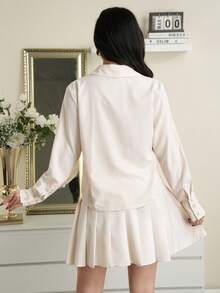 Modelyn Ensemble 2 pièces élégant pour femme, chemise à boutons rayée et jupe plissée pour le travail, automne - Nude - Voir 2