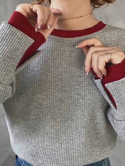 FRIFUL 女士撞色罗纹袖口撞色开衩长袖修身休闲百搭T恤