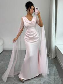 Elenzga Đầm dài nữ mùa xuân mới, cổ xếp ly, vạt đuôi cá, màu hồng anh đào, chất liệu satin, tay áo lưới dài đến sàn, thích hợp cho các bữa tiệc, hẹn hò, tiệc chiêu đãi, đám cưới và các dịp khác. - Hồng - Xem 4