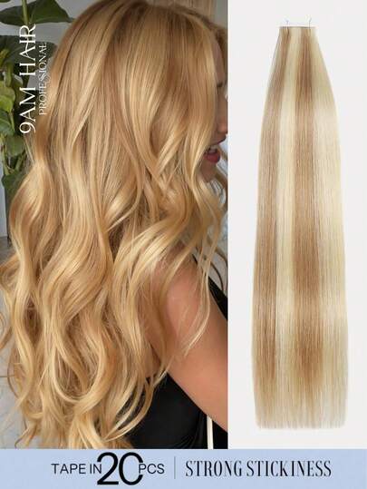 50g 20 peças Fita Adesiva em Extensão de Cabelo 100% Humano para Qualidade de Salão, Mistura de Loiro Acinzentado Dourado 27/613# com Loiro Clareado, Extensões de Cabelo Humano Liso com Fita Adesiva Sedosa, Invisível e Durável, com Pontas Grossas e Clipe de Cabelo Floral