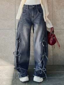 FRIFUL Women's Side Tie Drawstring Bow Design Straight Leg Jeans, Casual Loose Fit Versatile Denim Pants - Grey - View 5