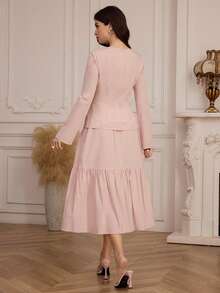 Modelyn Women's Elegant Commuter Long Sleeve Fitted Oblique Collar Top And High Waist Flared Maxi Skirt 2 Pieces Set - Pink - View 2