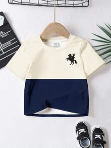 3pcs/Set Young Boys' Casual Cool Classic Color Block Patchwork, Small Logo Print Comfortable Short Sleeve T-Shirts, Suitable For Spring/Summer - Multicolor - View 4