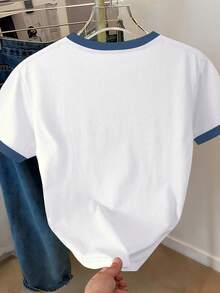 قميص قصير الأكمام بياقة طاقم ضيق الخصر للمراهقات، بطبعة نجمة خماسية ذات طراز كاجوال بسيط وشارع بانك، مناسب للصيف - متعدد الألوان - مشاهدة 2