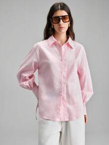 Ontre 2026春夏新款女士梭织衬衫，褶裥设计，长袖，立领，纽扣，粉色，宽松版型，抽绳，时尚百搭，适合情人节、婚礼季、度假派对、独立日、都市时尚、简约通勤装等场合。 - 粉色 - 查看 4