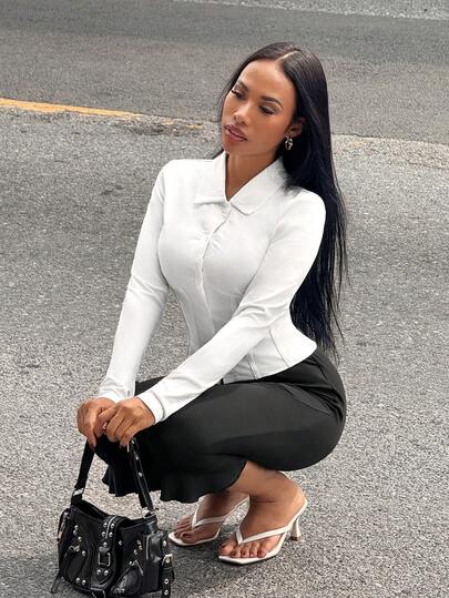 Slaydiva Daily Casual & Lifestyle Sports & Fitness Home & Relaxation T-Shirt Casual For Women White Top New Early Spring And Summer Music Festival, Valentine's Day, Easter Casual, Simple And Basic Style, Y2K Street Sweet, Hot , Cruise Vacation, Daily Date, Hot Girl Style, Sexy Party, Opening Lapel, Slim Fit, Women's White Long Sleeve T-Shirt