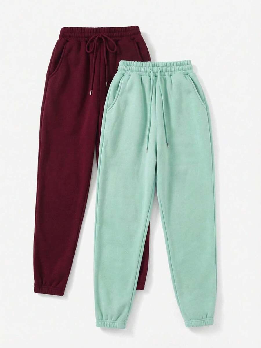 2 Pcs Elastic Waist Drawstring Sweatpants With Slanted Pockets - Multicolor - View 1