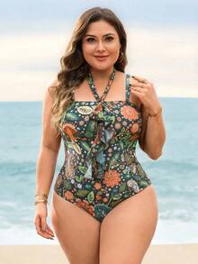 Swim Lushoire Jednoczęściowy kostium kąpielowy dla kobiet w dużych rozmiarach z kwiatowym nadrukiem i falbanką, z halterem - Zielony - Zobacz 3