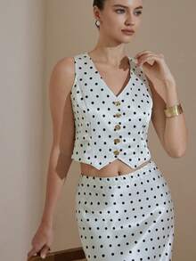 Aveloria Rosie Women's Polka Dot Pattern Metal Single-Breasted Vest And Fish Tail Midi Skirt Elegant 2 Pieces Set - Black and White - View 3