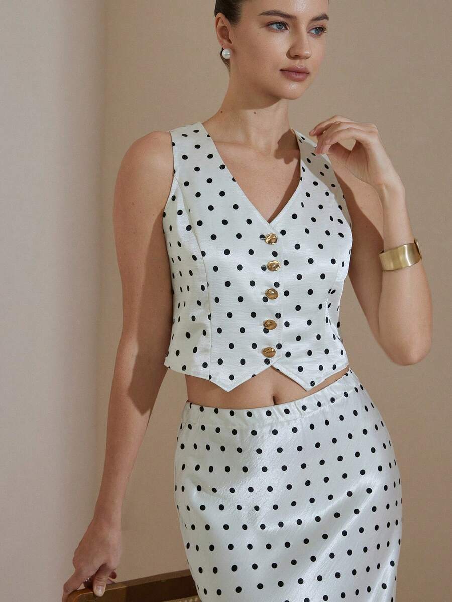 Aveloria Rosie Women's Polka Dot Pattern Metal Single-Breasted Vest And Fish Tail Midi Skirt Elegant 2 Pieces Set - Black and White - View 1