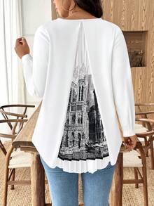 Breezaya 大码女式白色后背解构褶裥长袖商务休闲优雅秋冬宽松纽扣衬衫 - 黑與白 - 查看 1