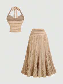 Sweetra Women's Khaki V-Neck Tie-Up Backless Camisole Top & Textured A-Line Skirt 2-Piece Set, Spring/Summer - Khaki - View 2