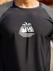 Manfinity Swimmode 男士休闲椰树印花撞色插肩袖上衣和泳裤两件套，秋季